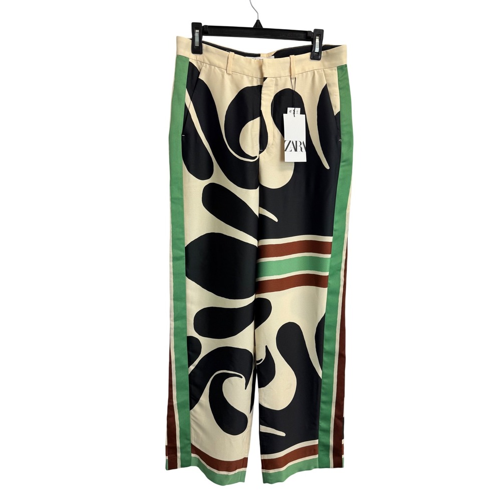 NEW Zara Women's M Abstract Print Wide Leg Trousers Green Black Cream